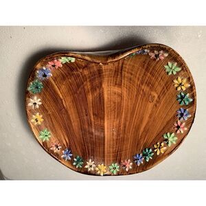 Beautiful Colorful Flower Trim Brown Heart Shaped Trinket Dish Vintage Italy